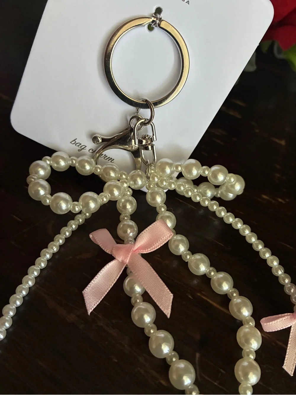 Pearl Bow Keyring with Pink Ribbon Detail,Bag Charm. - Picture 3 of 7